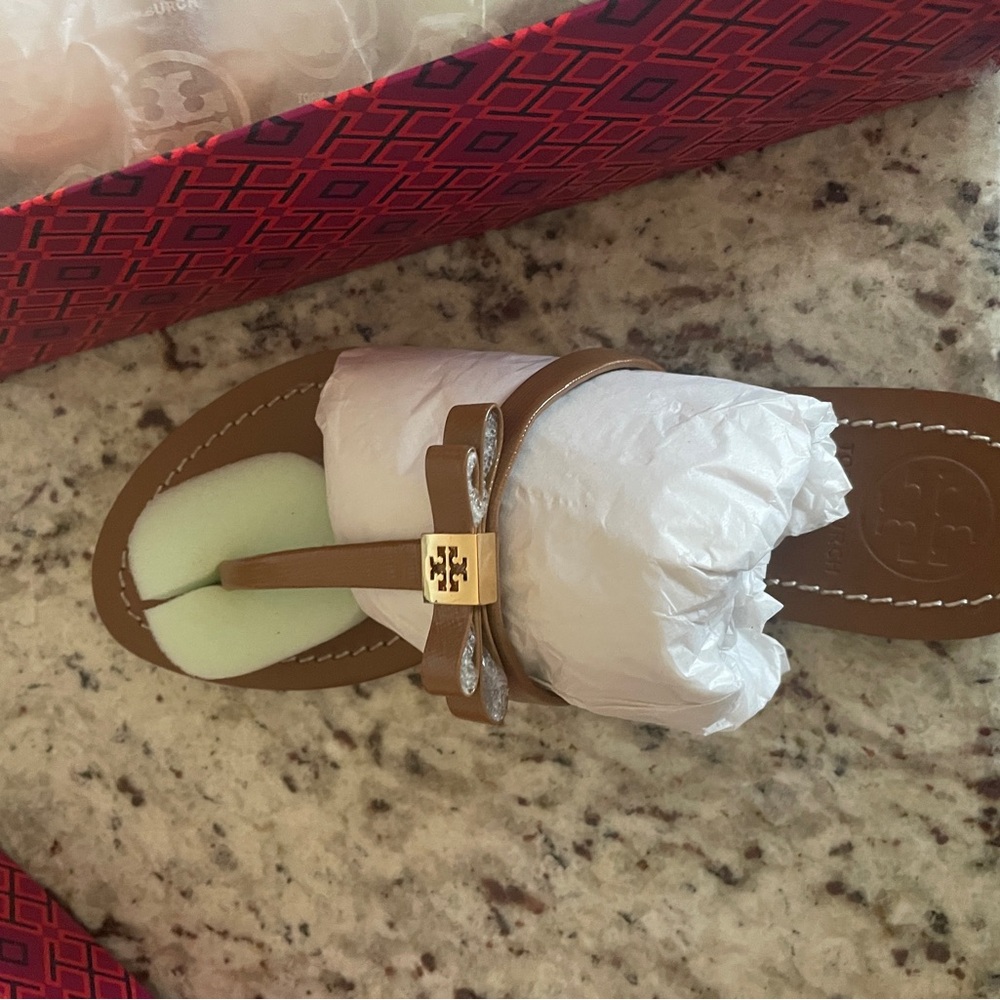 Tory Burch Tan Brown Leather Logo Thong Sandal with Gold Accent
